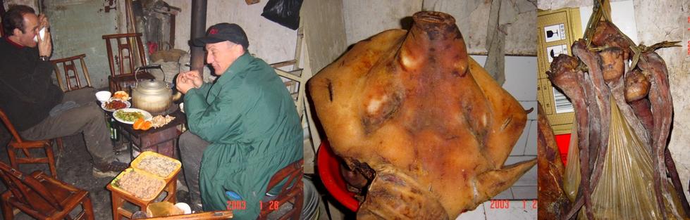 Peter Cao (left) and Richard Jones eating dinner around the pot-belly stove - Pig face in a bucket - Pig tails on the wall