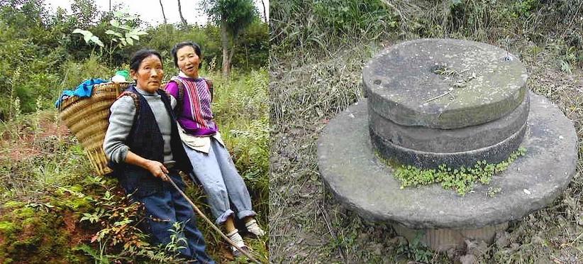 Two eldery women carrying supplies up to their home, millstone