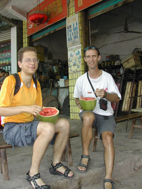 Eating watermelon with a spoon.  We calculated that we both consumed 30 liters of water that hot day.