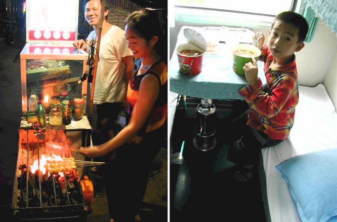 BBQ in Wanyuan and a fellow passenger tucking in some instant noodles