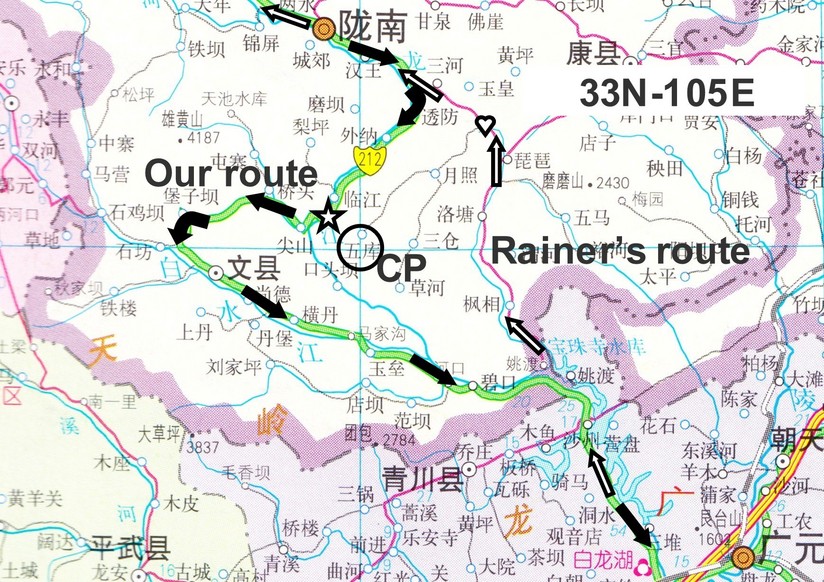 Map of the CP with our route and what I figure was rainer's route. 