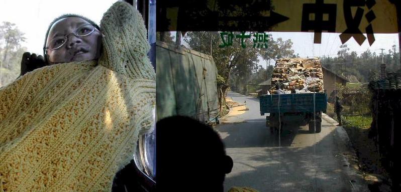 My companion on the bus to Hanzhong - truck traffic along the road