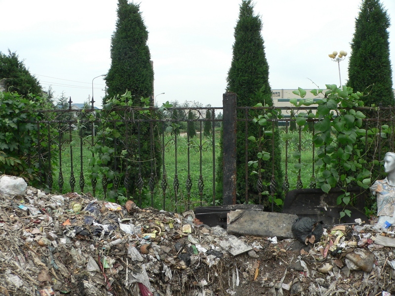 Another view from a mound of rotting garbage piled against the front fence; the confluence likely on or near the cement road just visible in the centre of the photo