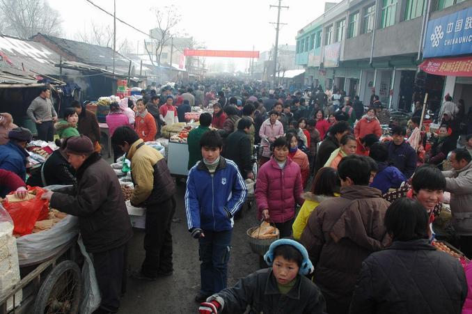 Crowded street in a small town - getting ready for the Lunar New Year