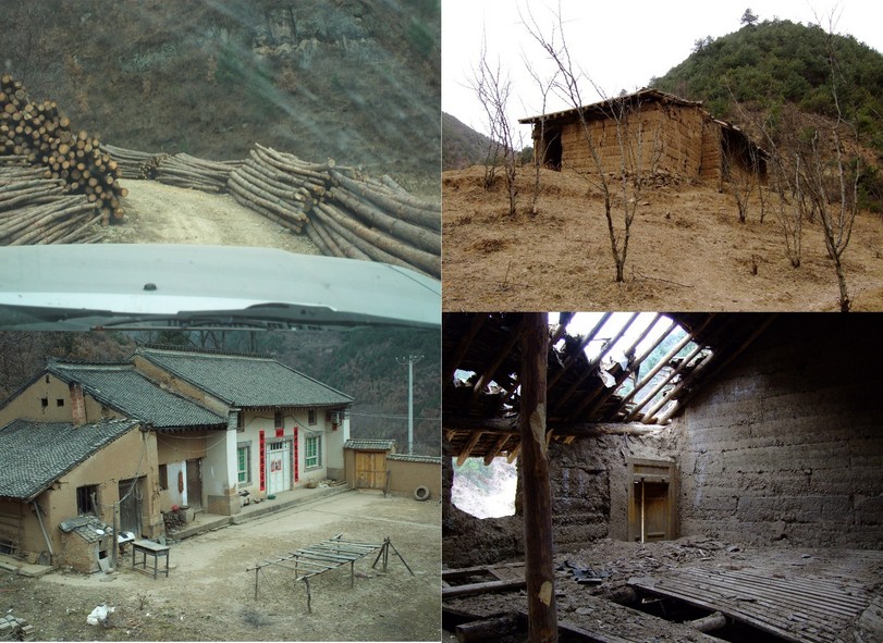 CW from TL: The logging trail; Mud farmhouse; Inside an abandoned mud house; A nicer farmhouse.