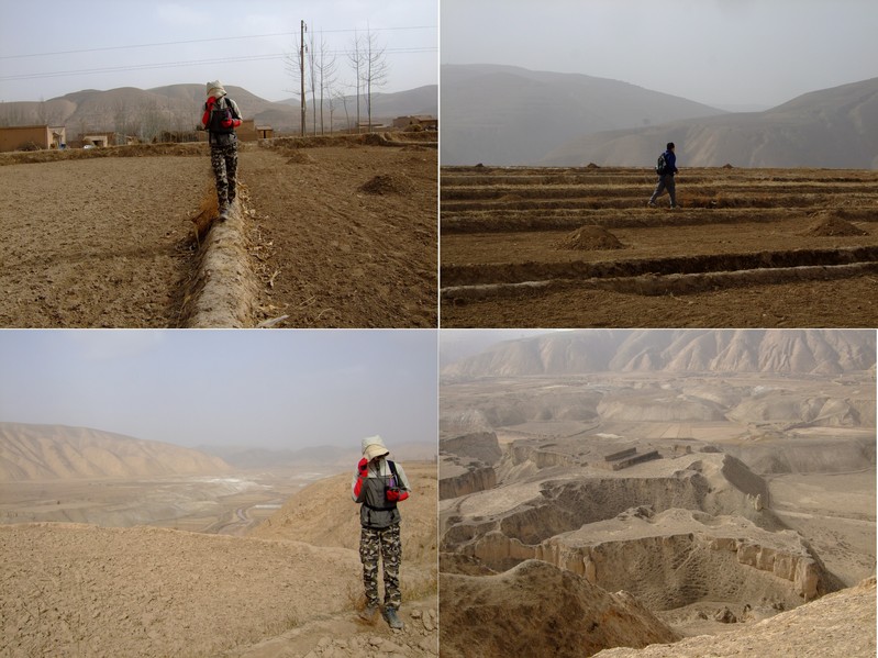 Walking on the berms; Jerry cutting to the valley; wind, sun & dust protection; The CP and the ruins of an old school complex.