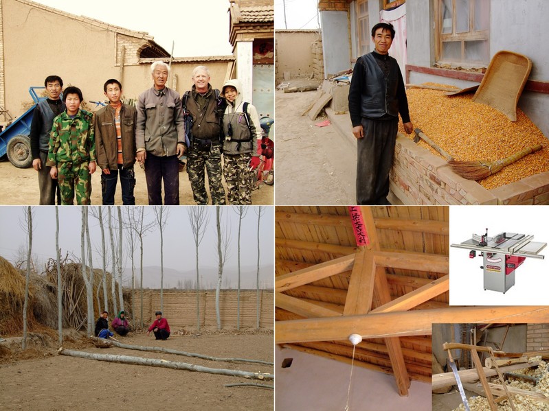 The He family of Zhang Ping; the father near his corn; trees cultivated for construction material; timber framing done by hand (my saw and Mr. He's saw).