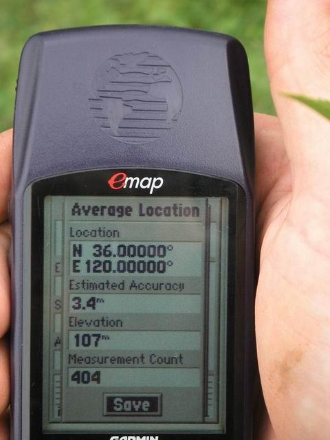 GPS averaged reading at 36N 120E confluence
