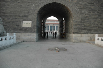 #1: The Marker in front of the Zheng Yang Men Gate at Tiananman Square - view north with Mao's Mausoleum through the gate