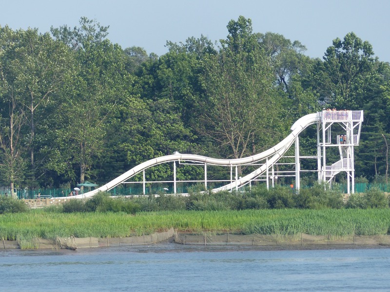 North Korean bathers on water slides