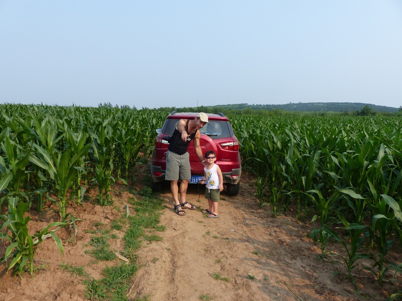 Peter and Andy with our car on the track between the cornfields