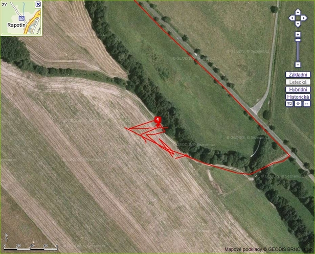 My track on the aerial photo of the confluence area (© GEODIS, © Seznam.cz)
