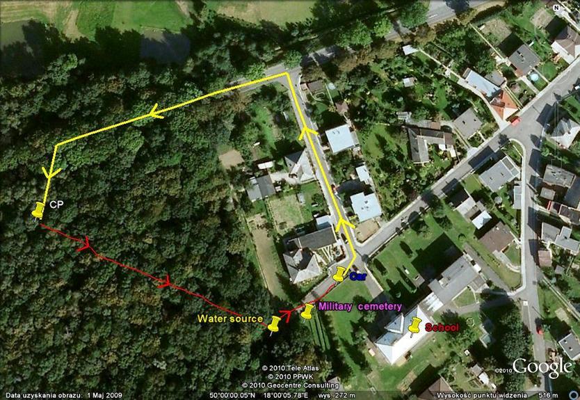 My track on the aerial photo of the confluence area - (© Google Earth 2010) - Nasza trasa do CP