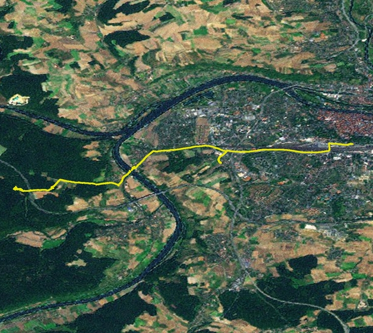 The GPS track as displayed in ArcGIS shows our fortuitous beeline almost straight toward the confluence from east to west, with only a small backtrack about 1/3 of the distance from the starting point.