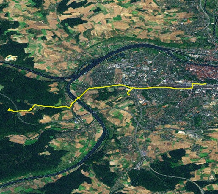 The GPS track as displayed in ArcGIS shows our fortuitous beeline almost straight toward the confluence from east to west, with only a small backtrack about 1/3 of the distance from the starting point.