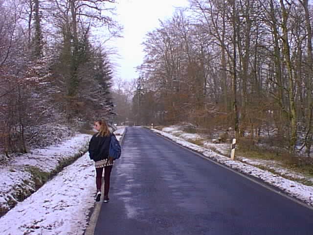 Donna walking back to the car along the main road