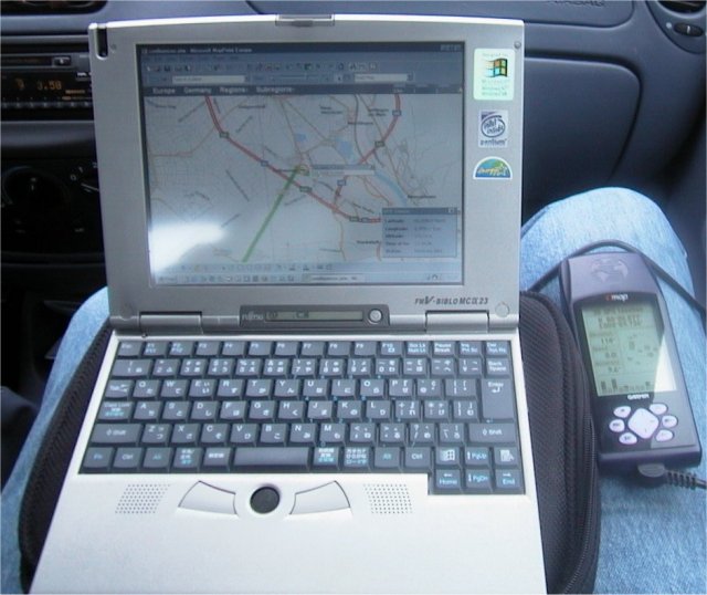 The laptop setup in the car