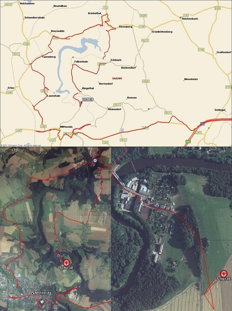 My track on the map (© Microsoft AutoRoute 2002) and on the satellite image (© Google Earth 2007)