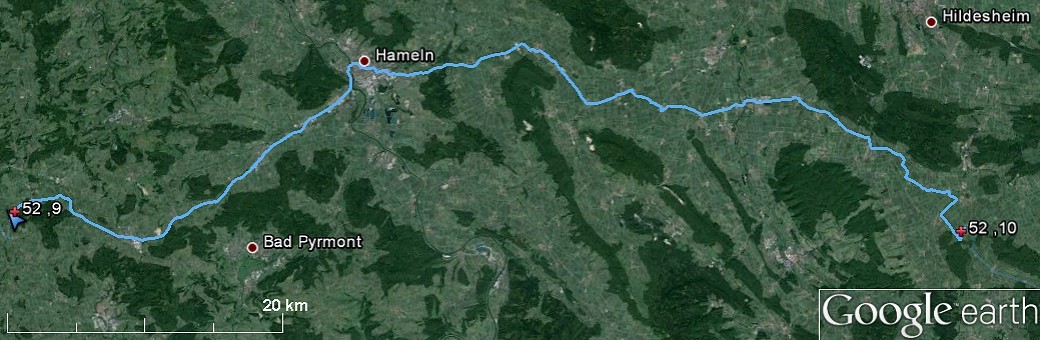 Route from 52N10E to 52N9E via Hameln
