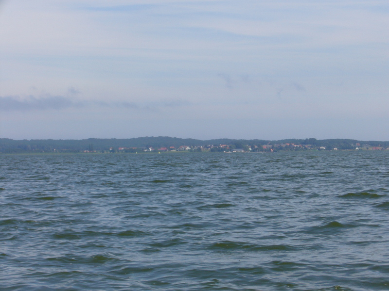 View east with harbour (black and white building)