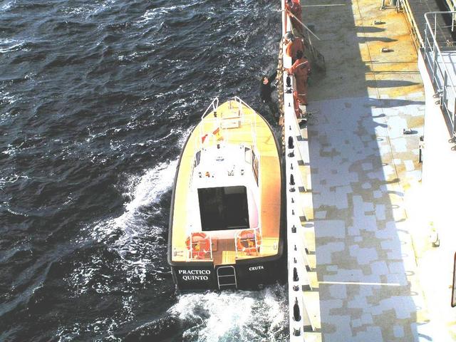 The pilot is boarding for berthing the ship in Ceuta