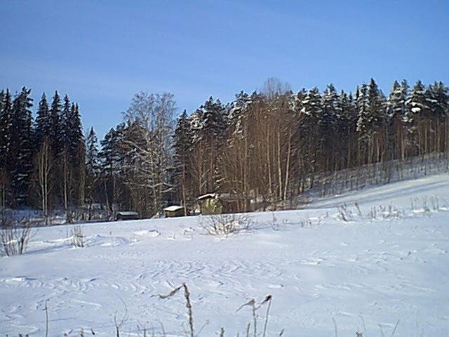 It must be a pond (this is the view to west)! That green hut is probably a sauna!