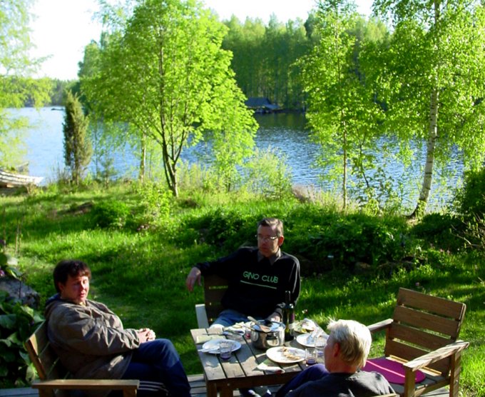 Supper at summer cottage by the lake Puula afer visiting the confluence.