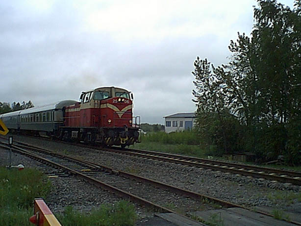 A passenger train on its way to Vaasa, spotted on a railway crossing 2km from the confluence.