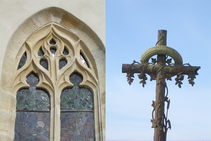 Church window and decorated cross