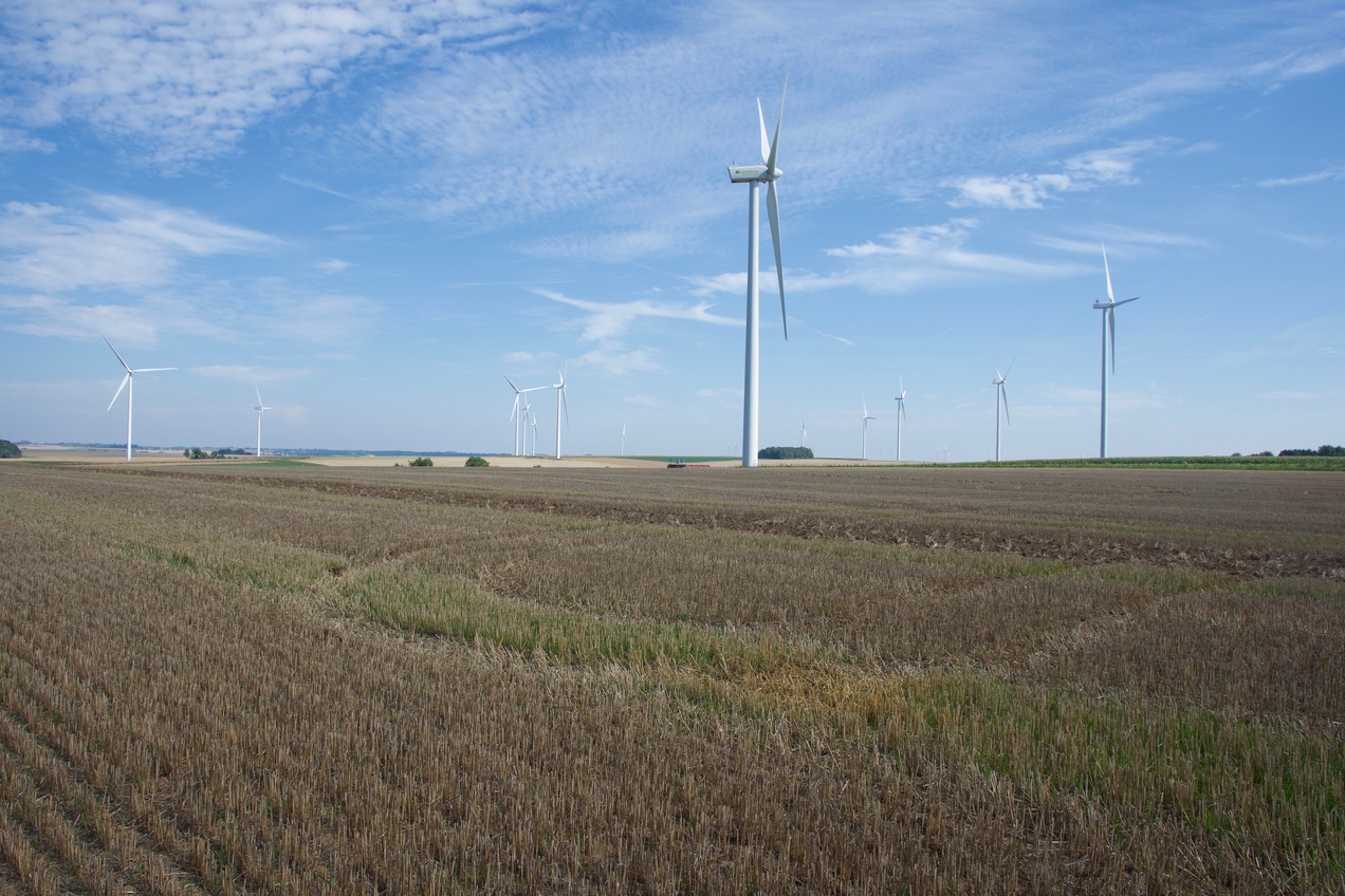 The confluence point lies in a (currently fallow) field.  (This is also a view to the North, towards several large wind turbines.)