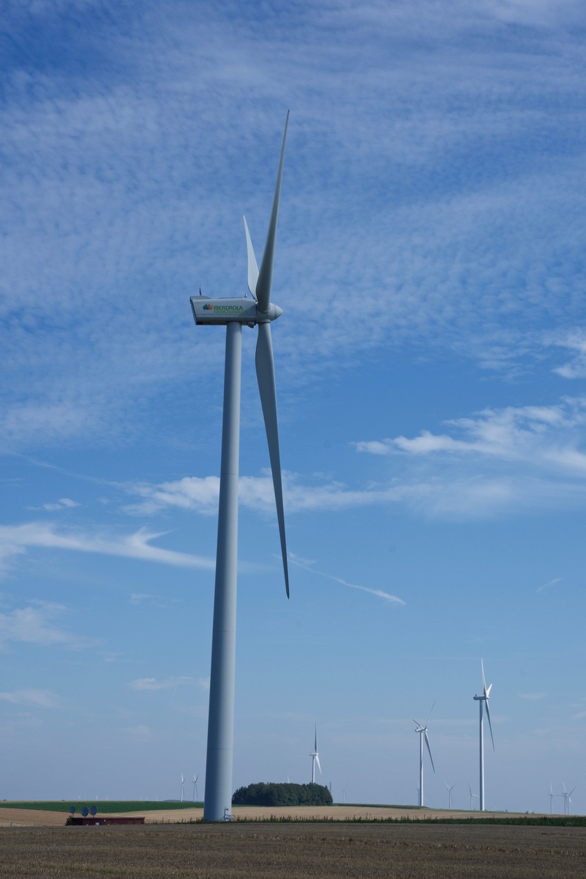 A close-up view of the wind turbine that’s just to the North