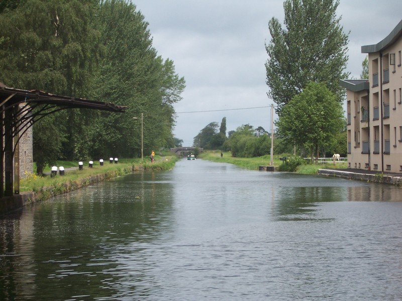 Another canal view, with: man walking dog, boat, and two horses