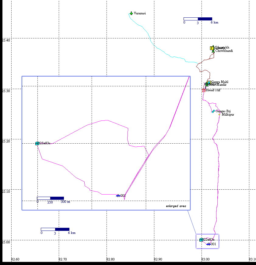 Route map showing the path.  Varanasi airport is in the upper left, the holy Buddhist city of Sarnath is in the upper right, the holy Hindu city of Varanasi is in the middle right, and the confluence is to the south.