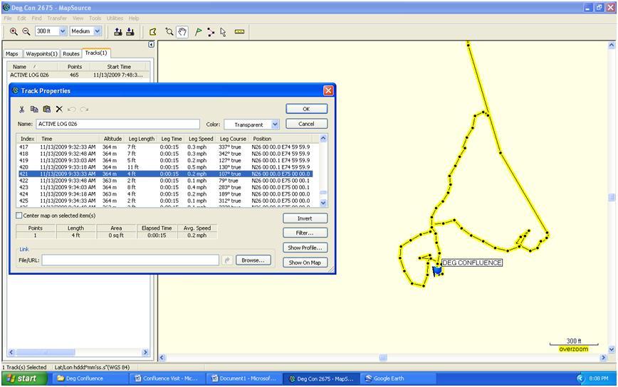 Screenshot from MapSource indicating the Confluence details