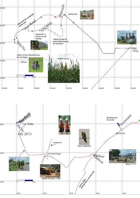 Road map from Neemrana, as well as close-up map of confluence area