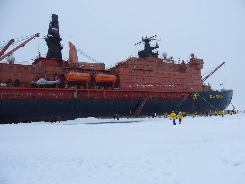 Our ice breaker moored on the ice during the North Pole party