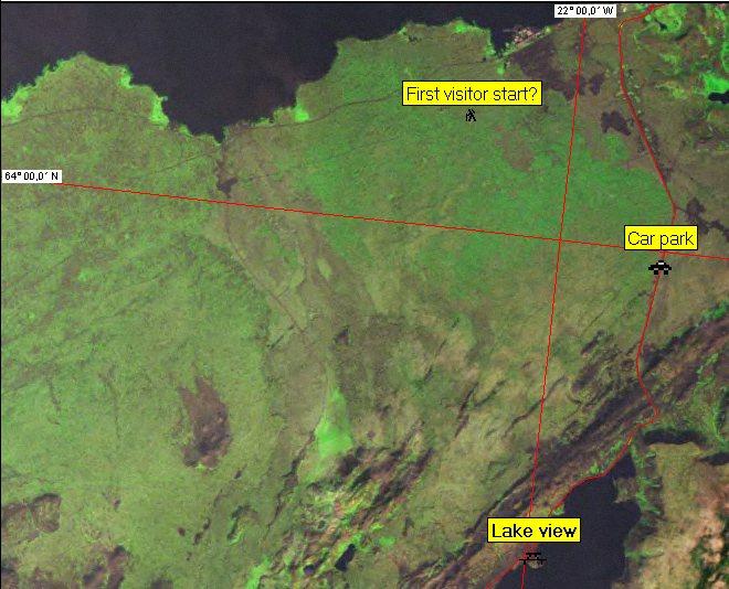 Map showing the point, our track log and the probable starting point of the first visitor