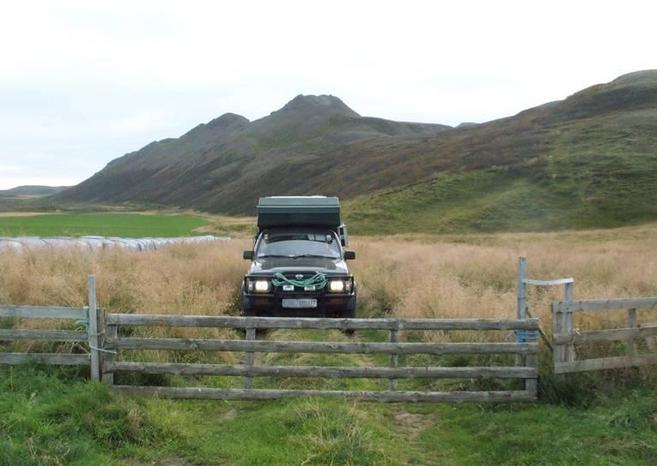 The expedition vehicle arrives at the end of the track at Fjöll