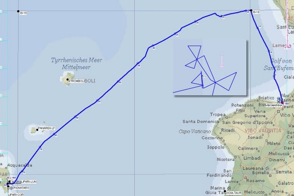 The track log of our first sailing day (with detailed log of the confluence point approaches)