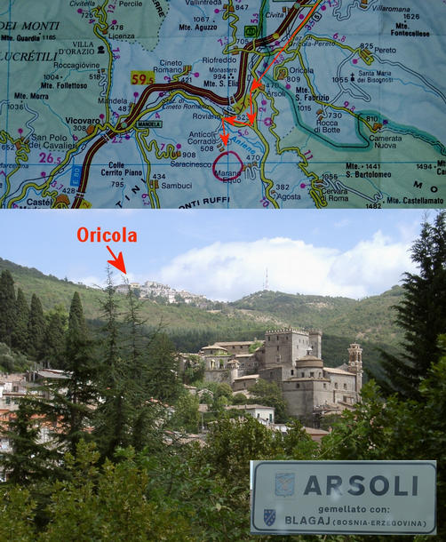Arsoli and the map showing the approach
