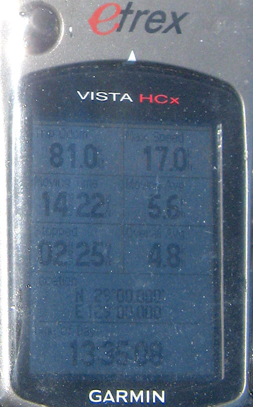 The GPS screen.  Incidentally displayed data shows our distance since leaving civilization in Amami and the paddling time of over 14 hour that was required to reach the confluence.
