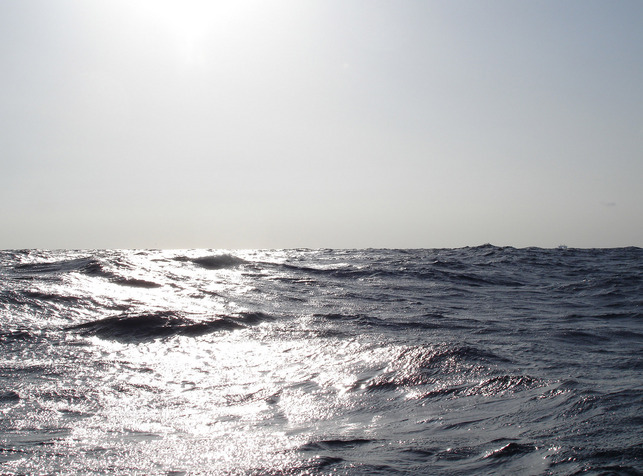 looking east - no land visible; the small object on the right is some kind of large floating platform being towed southward