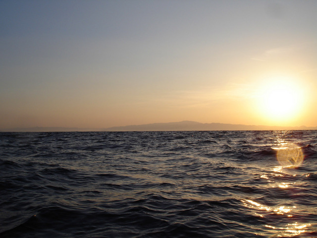 Looking east.  The sun has just risen over 1067m tall Mt. Shibi, the highest point in the vicinity of the confluence.