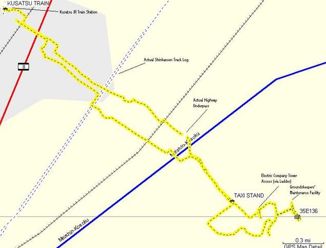 Annotated tracklog plot from the train station to and from the confluence point.