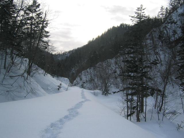 Following the road up narrow stream valley.