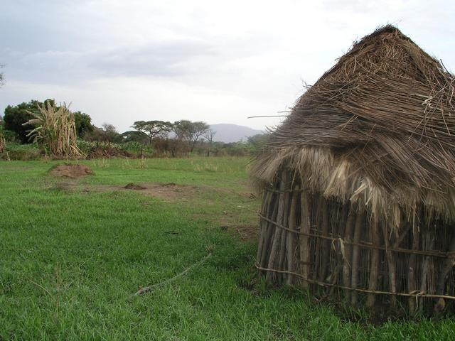 The view out tribal elder Tataa's front door includes Shompole Mountain