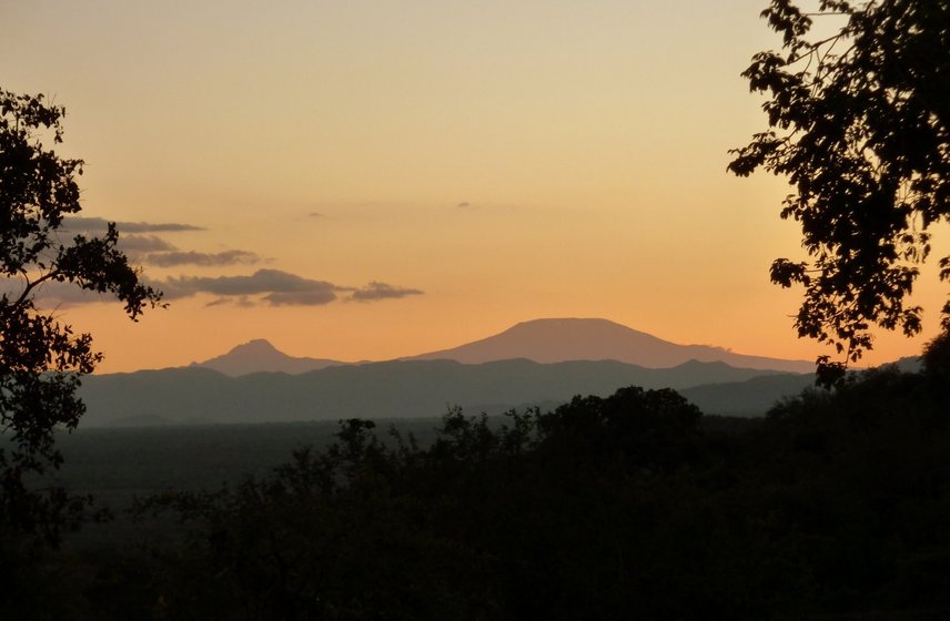 Kilimanjaro in the setting sun at about 100 km distance