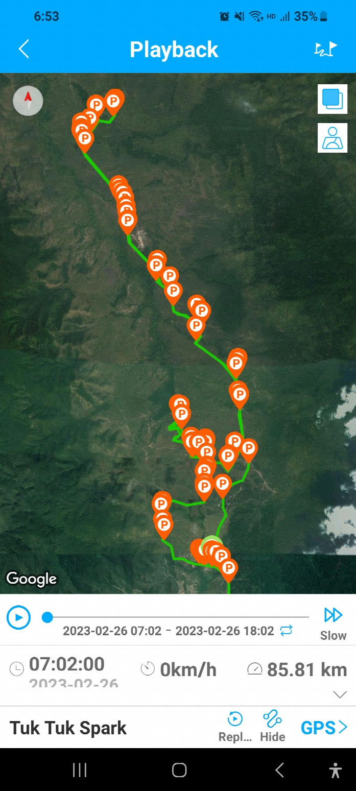 Our motorcycle track for the last 11 klms. The stops are falls, water stops and looking for the best way forward.