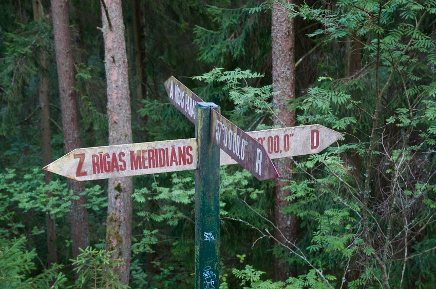 The confluence point is marked by this sign in a forest on the northwest edge of Riga
