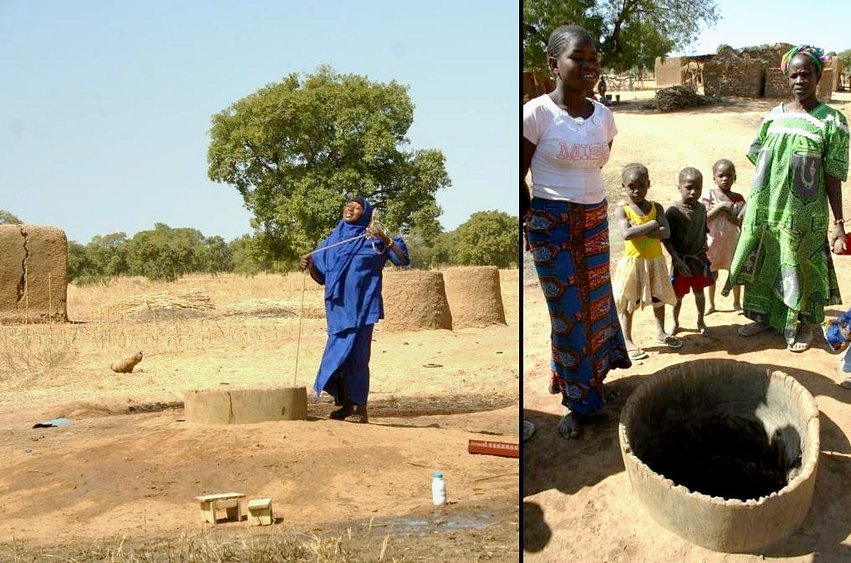 Women and kids around the water well